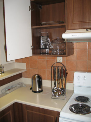 Counter  -- got to get a coffee maker and toaster.  Microwave comes with the place.