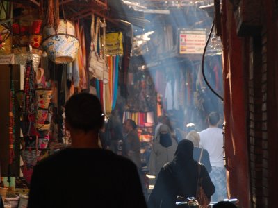 This catacomb of shops in the old souk of Marrakech is filled with exhast smoke from the mopeds.