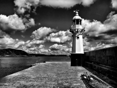 Lighthouse at Mevagissey Harbour Entrance in Black and White
