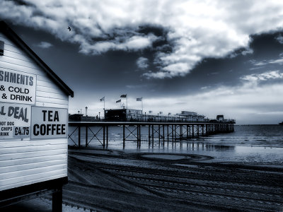 Beach Hut and Pier in Mono Tone