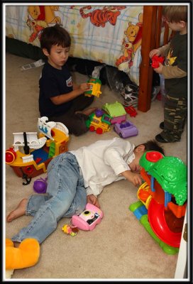 Josh, Ethan, and Tyler hide from the girls and play with the toys in Kylie's room