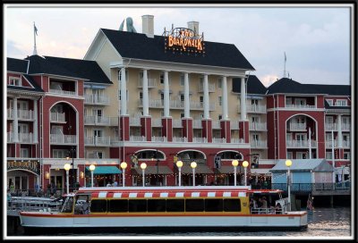The Boardwalk Inn is themed to be an Atlantic City-style seaside resort that sits along a festive boardwalk