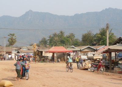 Sainyabuli street with a backdrop of blue hills