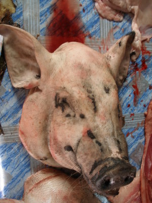 Pig's head for sale, Sainyabuli market