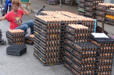A fresh delivery of eggs piled in main street, Trang