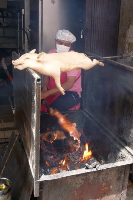 Barbecued pork outside cafe, Hat Yai