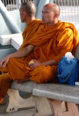 Monks waiting for train, southern Thailand
