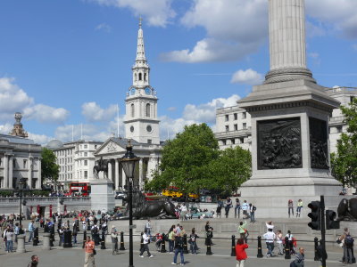 Another view of Trafalgar Sqaure with St-Martin-in-Fields church tower in the background