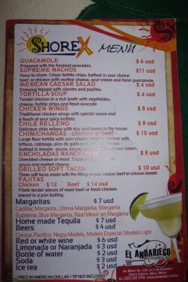 The menu for the restaurant, El Andariego Restaurant & Bar