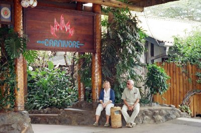Katherine and Kaz at the front entrance to the Carnivore Restaurant