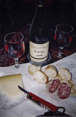 Ah... the four food groups: bread, cheese, sausage and wine!