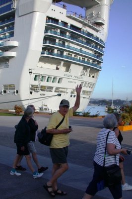 Dick Waving as we head for the catamaran