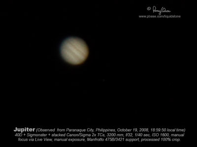 Jupiter - October 19, 2008

[40D + Sigmonster + stacked Canon/Sigma 2x TCs, 3200 mm]
