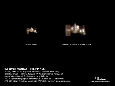 ISS OVER MANILA - April 6, 2009, 19:06:57 local time (camera EXIF is 7 minutes advanced), shooting angle is near vertical (90 +/- 15 degrees), magnitude = circa 2.5
40D + Sigmonster (Sigma 300-800 DG) + Canon 2x TC, 1600 mm, f/18, ISO 1250, 1/400 sec, Manfrotto 475B/3421 support, processed crops