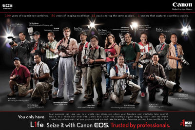 CANON BRAND AMBASSADORS. Some 15 photographers specializing in various genres are featured in this print ad of Canon Philippines that appeared at The Philippine Star, July 28, 2010.