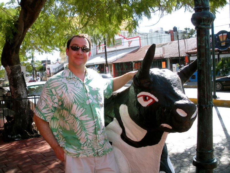 Posing with the bull at La Parrilla