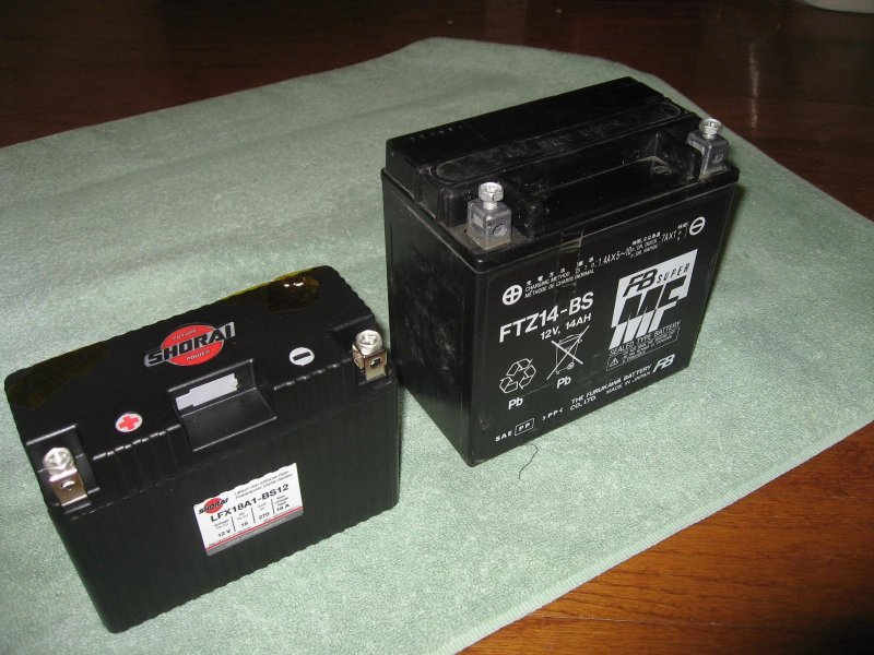 Shorai 18 amp hour battery next to Concours 14 amp hour