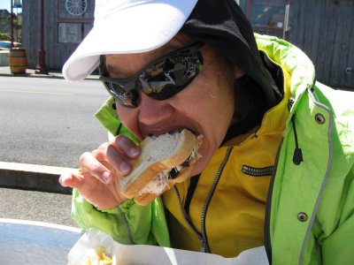 Hungry passengar devours a Crab Sandwich