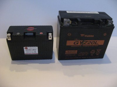 Shorai 18 amp hour next to GL1800 Gold Wing battery