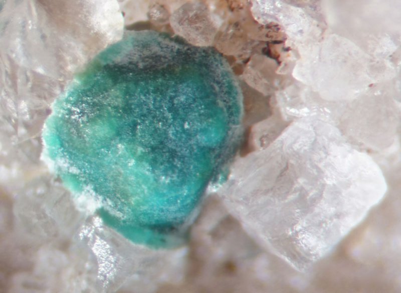 Wetgrooves Cu Secondary mineral (probably aurichalcite) coating a galena cuboctahedron, with fluorite.