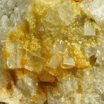 Smithsonite crystals on fluorite, Underedge Level, Sunside Mine, Arkengarthdale, N Yorkshire.