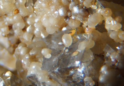 Smithsonite crystals on fluorite, Coldstones Quarry, Greenhow, Pately Bridge, N Yorkshire.