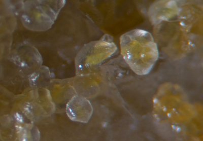 Yellow-centered smithsonite crystals on fluorite, Underedge Level, Sunside Mine, Arkengarthdale, N Yorkshire.