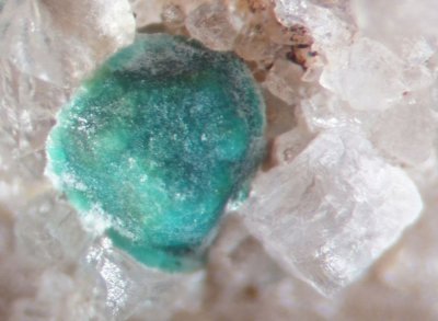 Wetgrooves Cu Secondary mineral (probably aurichalcite) coating a galena cuboctahedron, with fluorite.