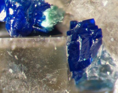 Azurite with fluorite and malachite, field of view approximately 1.5 mm, Great Sled Dale Mine, Keld, Swaledale, North Yorkshire.