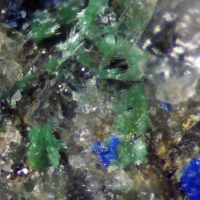 Sprays of acicular malachite crystals on 3 cm matrix, Great Sled Dale Mine, Keld, Swaledale, North Yorkshire.