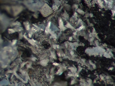Brianyoungite white microcrystals on sphalerite, Boundary Cross Vein, Rampgill Mine, Nenthead, Alston Moor.