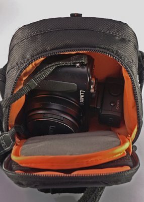 THE LX5 CAMERA, WITH OPTIONAL EVF,  IN A LOWEPRO APEX 60AW CASE
