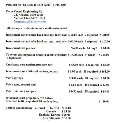 First page of the R-1830 Price List and contacts
