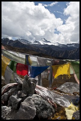 Mountain peak and prayer flags from Tsemo La