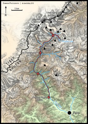 Snowman Trek map 1: Drukgyel Dzong to Jomolhari camp