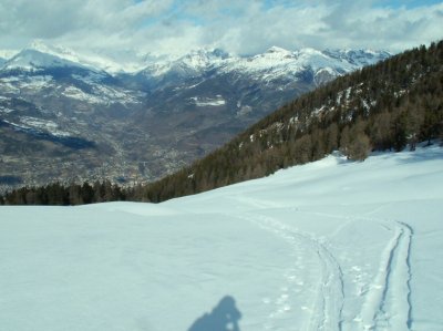 Vue vers le bas de l'Alpe Chamol, qui est relativement pentu.