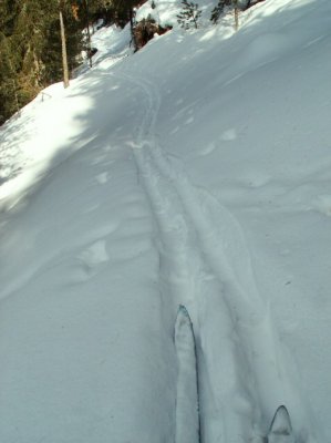 Une trace de skieur (nordique ?) montre le chemin...