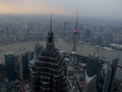 Looking down on the Jin Mao and Pearl Orient from 94 floors up