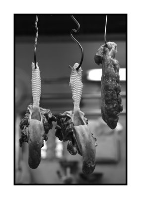 Meat on hooks, wet market, Macau