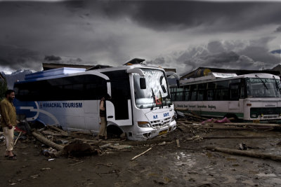 Ladakh-flood. buses in the ''new''bus stand