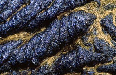 Pele's hair strands on pahoehoe lava, Hawaii Volcanoes National Park, HI