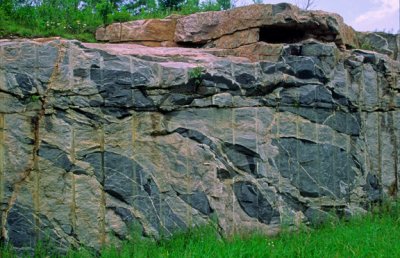 (IG62) Xenoliths of amphibolite and biotite schist in granite of the Vermillion batholith, near Orr, MN