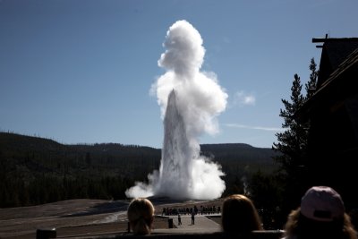Old Faithful from the viewing porch of the Old Faithful Inn - last geyser picture, I promise