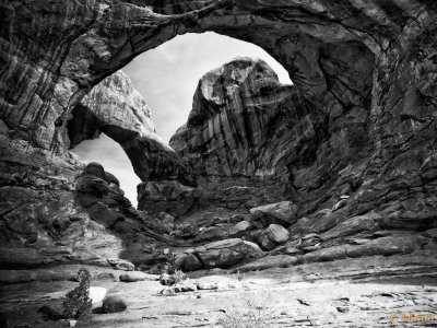 Double Arch BW Arches NP. Utah