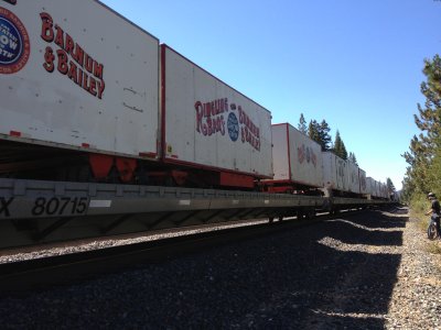 Each of those flat cars is 90 feet long.  The entire train is about 5,000 feet long.