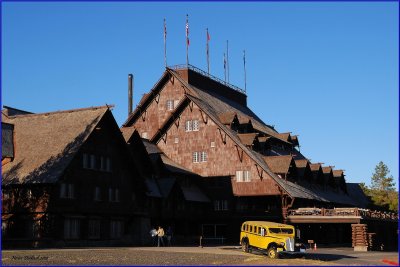 7- Old Faithful Inn and tour bus waiting for us