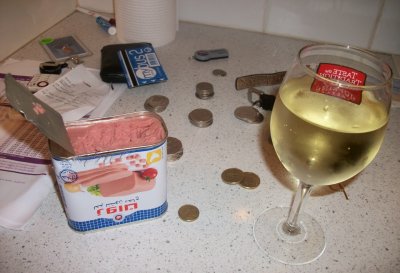 My first week of work, no paycheck yet.  Wine and canned pork!