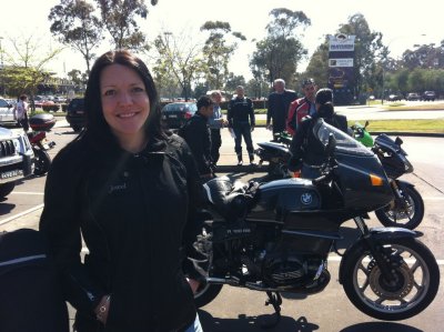 Pam at beginning of motorcycle ride