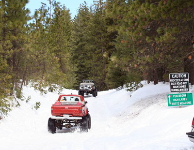 Hardy pickups brave the Inskip-to-Butte Meadows portion of the Skyway