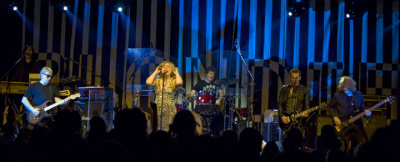 Blondie, including Leigh Foxx on bass (r) and guitarist Paul Carbonara to his right